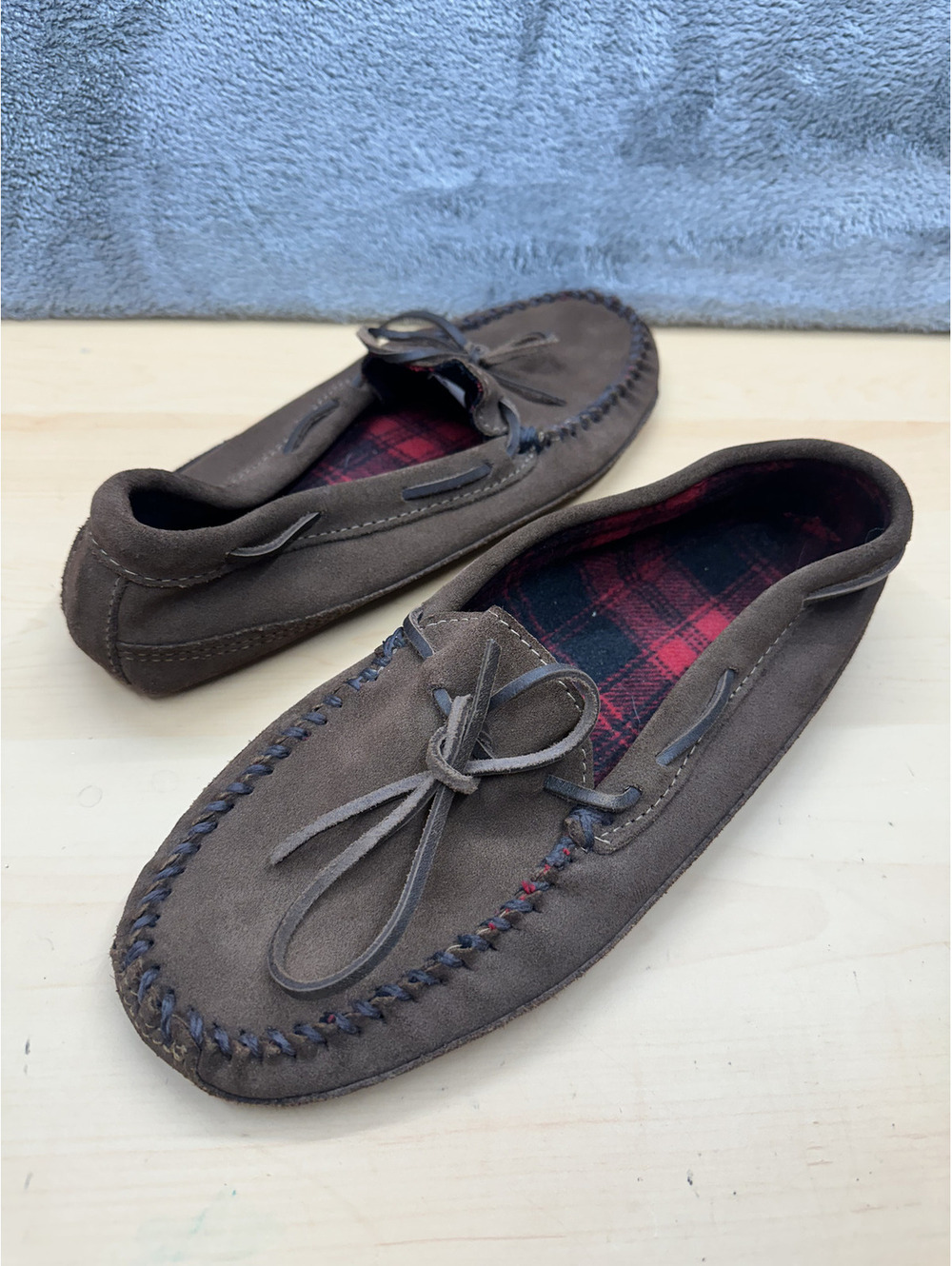 Minnetonka Brown Suede Moccasin Loafers with Plaid Lining Cozy Vintage Style
